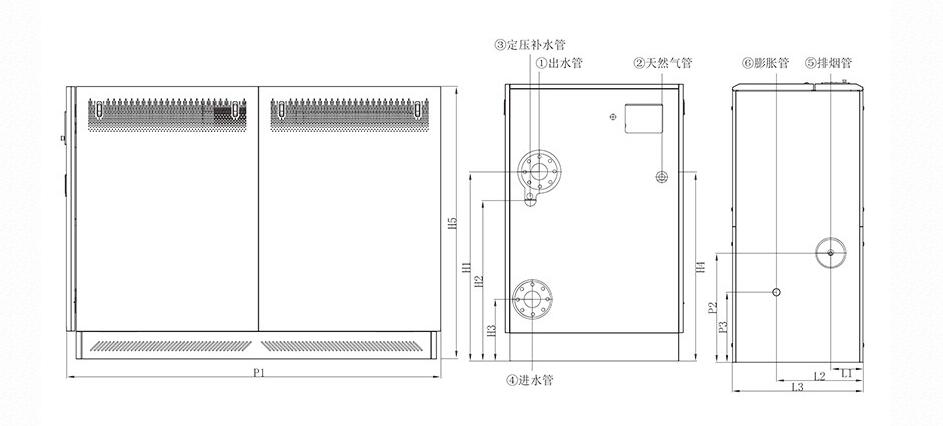 350KW撬装供热机组商用冷凝锅炉外型尺寸图 350KW撬装供热机组商用冷凝锅炉外型尺寸图